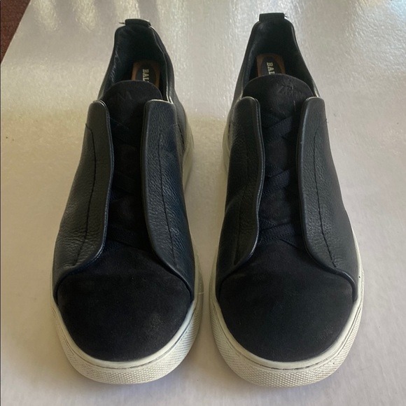 ZEGNA Triple Stitch Dark Navy Pebbled Leather/ Black Suede Slip On Sneakers 12US - Picture 1 of 10
